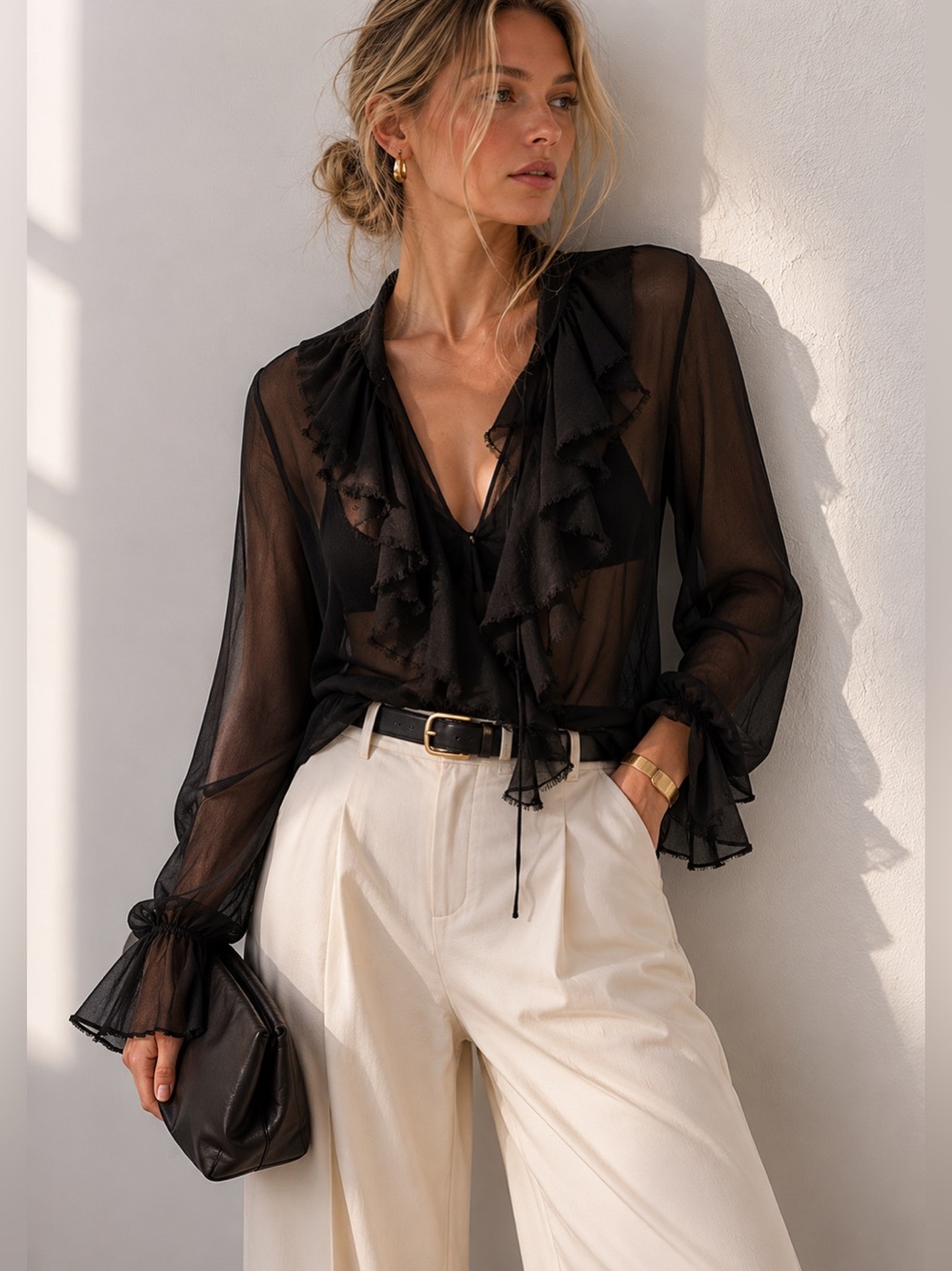 Vince Black Silk Ruffle Semi-Sheer Blouse